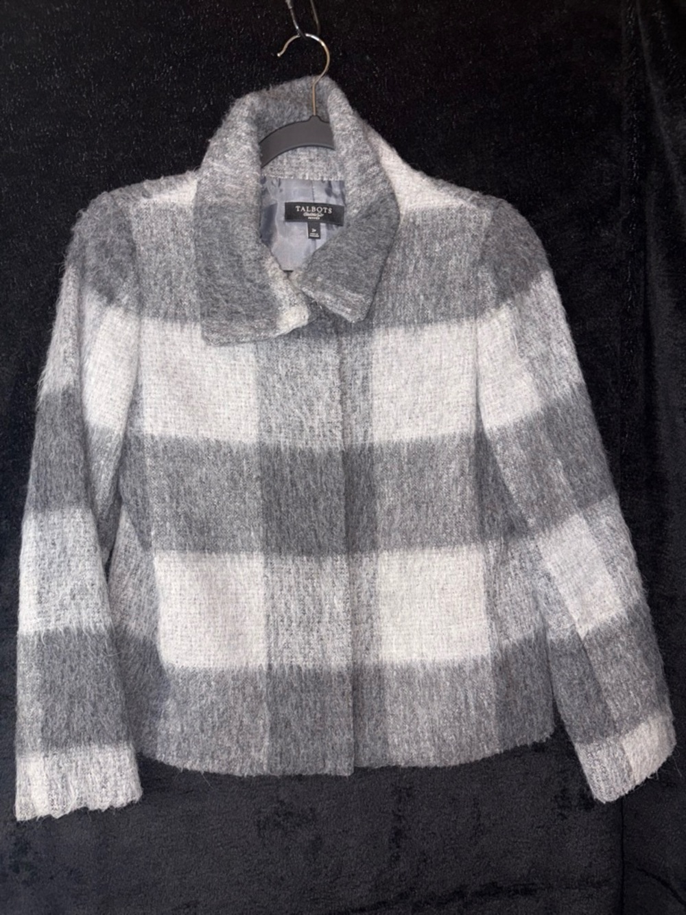 Talbots Alpaca Wool Blend Buffalo Plaid Jacket 2P Grey Plaid Cozy Winter EUC.
